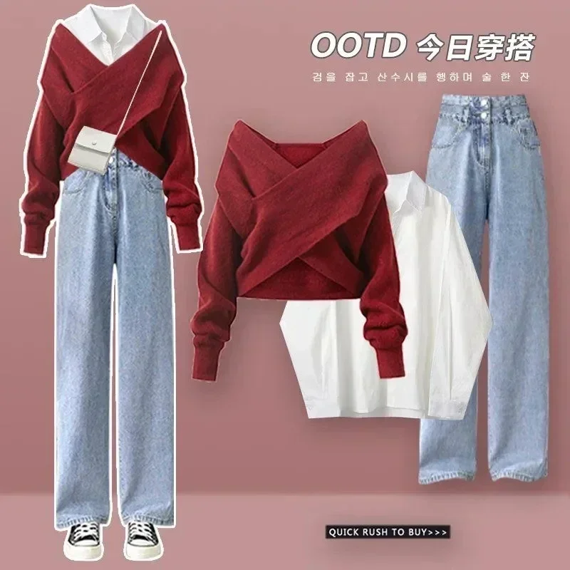 2024Autumn and Winter Fashion Age Reducing Women's Set New Korean Knitted Sweater Casual Shirt Slim Jeans Three Piece Set
2024Autumn and Winter Fashion Age Reducing Women's Set New Korean Knitted Sweater Casual Shirt Slim Jeans Three Piece Set