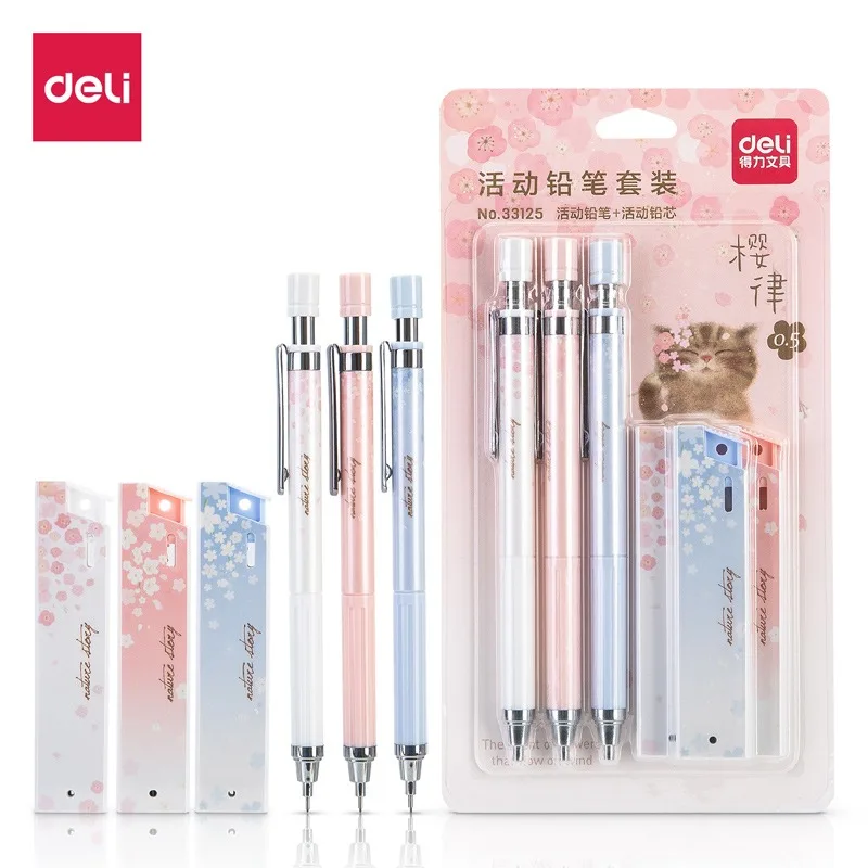 

Deli Mechanical Pencil Set Sakura Retractable Replacement 0.5MM HB Lead Core pencil set for drawing and sketching 펜슬 Stationery
