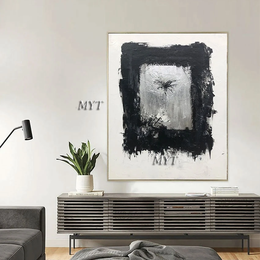 

Black And White Simple Abstract Oil Paintings For Bedroom Added Silver Foil Wall Pictures Decoration Modern Art Canvas Frameless