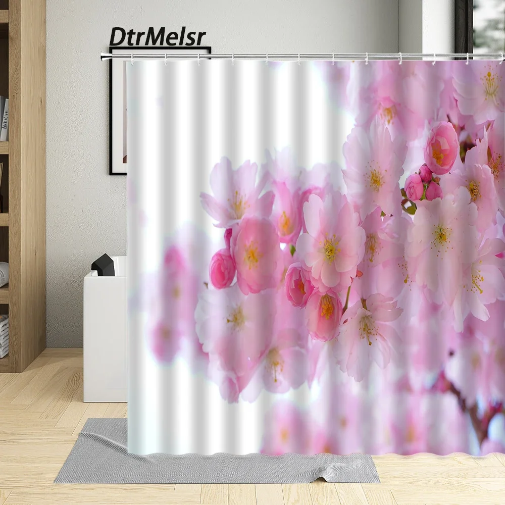 

Pink Flowers Shower Curtain Nature Cherry Blossom Floral Modern Simple Nordic Home Decor Bathroom Cloth Bath Curtains with Hooks