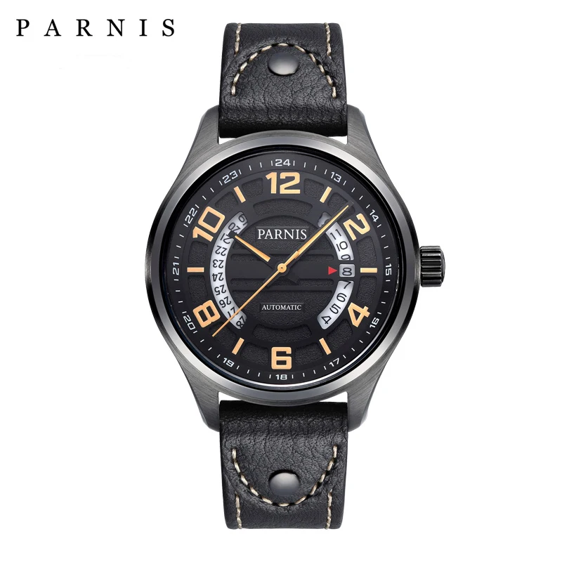 

Fashion Parnis 43mm Black Dial Men's Automatic Mechanical Watches Calendar Sapphire Glass Leather Strap Men Watch reloj hombre