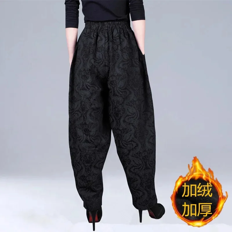 

Autumn Winter New Elastic High Waist Cotton Linen Pants Women Vintage Warm Wide Leg Pants Lady Jacquard Bloomers Radish Trousers