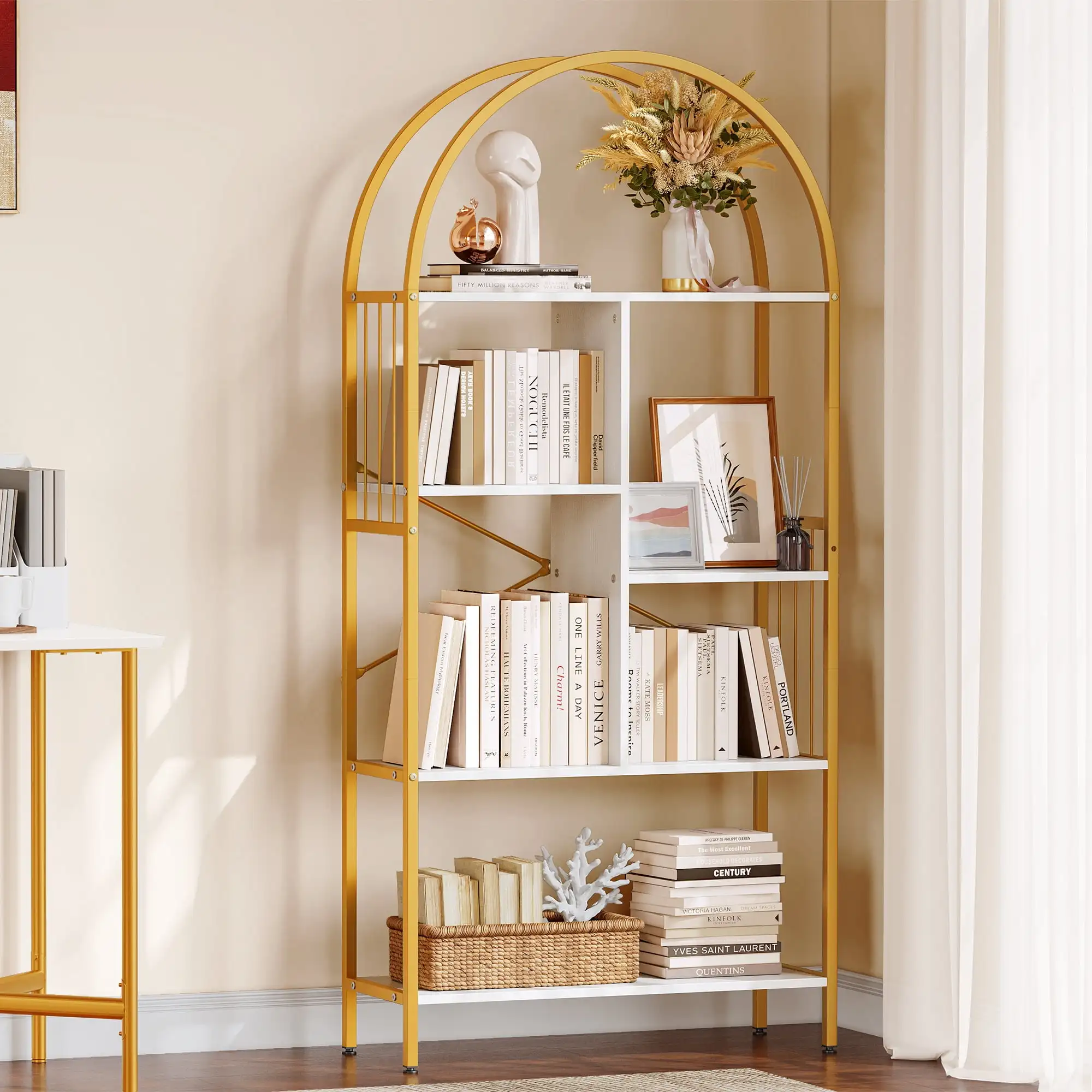 Dextrus 5 Tier Arched Bookshelf and Bookcase Gold Standing Book Shelf, Mental Frame Storage Display Rack Shelves White&Gold
Dextrus 5 Tier Arched Bookshelf and Bookcase Gold Standing Book Shelf, Mental Frame Storage Display Rack Shelves White&Gold