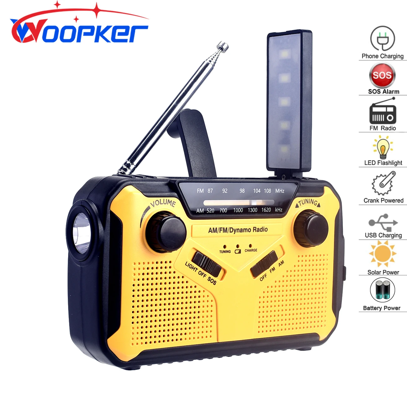 Woopker E09 Emergency Radios Output 5V/2A AM/ FM Radio Solar Hand Crank USB Rechargeable Torch Reading Lamp SOS Alarm Power Bank
Woopker E09 Emergency Radios Output 5V/2A AM/ FM Radio Solar Hand Crank USB Rechargeable Torch Reading Lamp SOS Alarm Power Bank