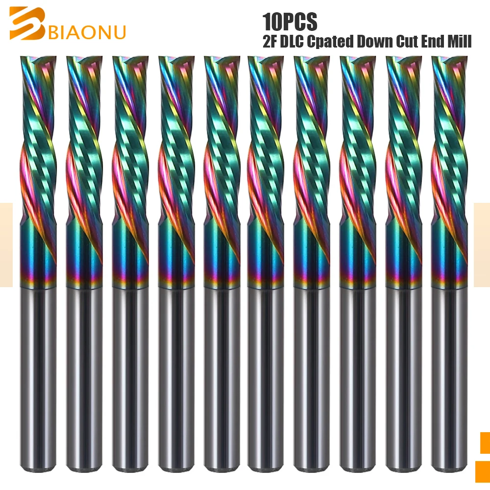 

Biaonu 10Pcs DLC Coating CNC 2 Flutes Left Milling Cutter Down Cut 3.175/4/5/6mm Carbide Spiral Wood End Mill Tools Router Bits