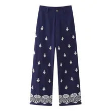 Women Embroidered Trousers 2023 New Clothing High Waist Cullottes Zipper Fly Modern Lady Wide Leg Pants