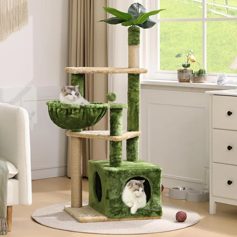 

51 Inches Cat Tree, Multi-Level Cat Tower with Large Hammock, Climbing Activity Tree with Artificial Palm Leaves