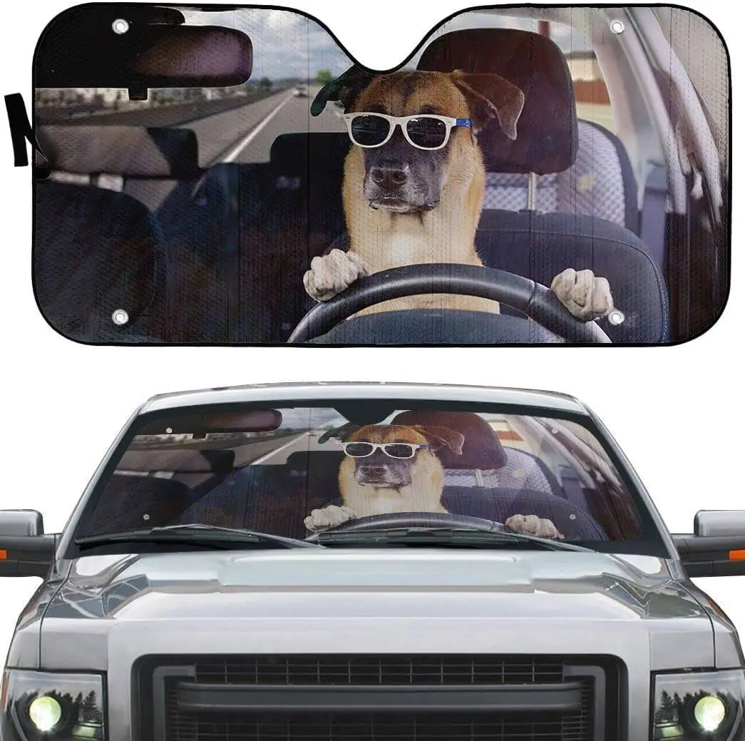 

German Shepherd Guard Dog Driving Car Sunshade, Funny German Shepherd Wearing Glasses Guard Dog Driving Auto Sun Shade, Windshie