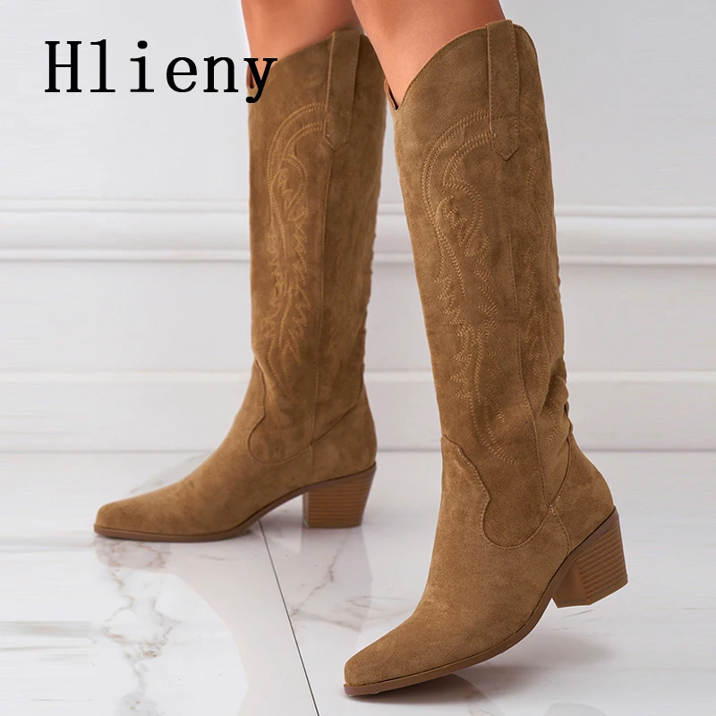 

Hlieny 2024 New Retro Spring Winter Knee High Boots Women Comfy Walking Fashion Pointed Toe Female Western Cowboy Boot High Heel