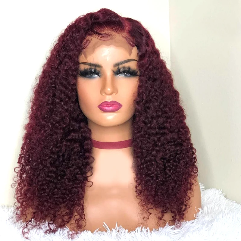 

180Density Burgundy Soft 26Long Kinky Curly 99j Lace Front Wig For Black Women BabyHair Glueless Preplucked Heat Resistant Daily