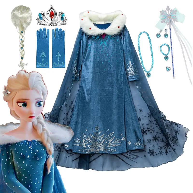 

Girls DISNEY Frozen Elsa Velvet Dress with Cloak Olaf's Frozen Adventure Cosplay Kid Snow Queen Elsa Princess Halloween Costume
