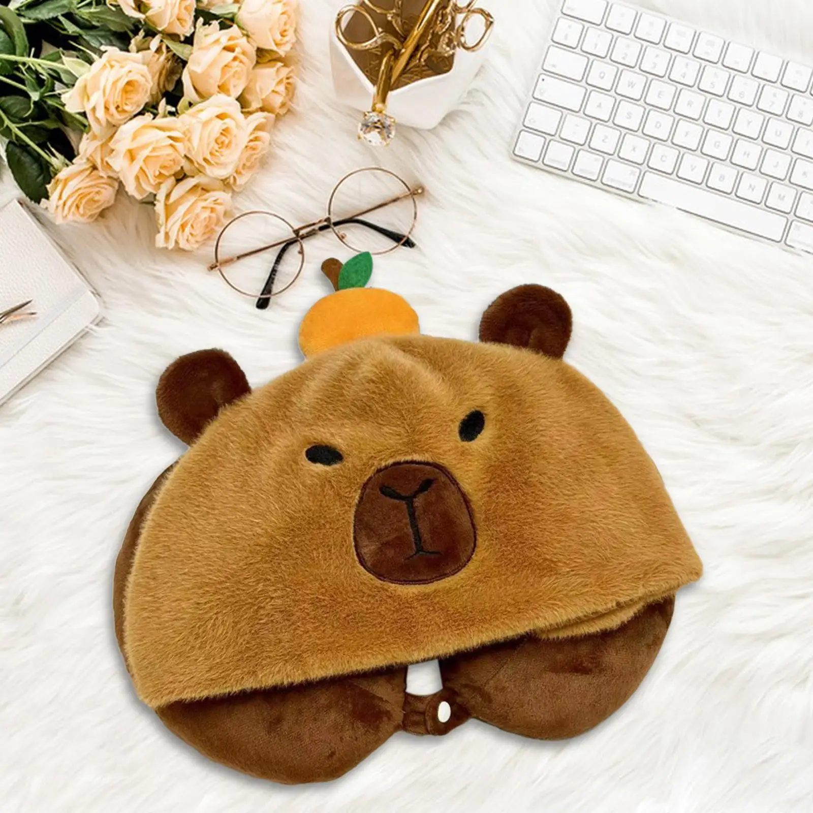 

Neck Pillow Detachable Zippered Cover Cute Cartoon Animals Washable Capybara Shaped Hoodie Stuffed Memory Foam Traveling Pillow