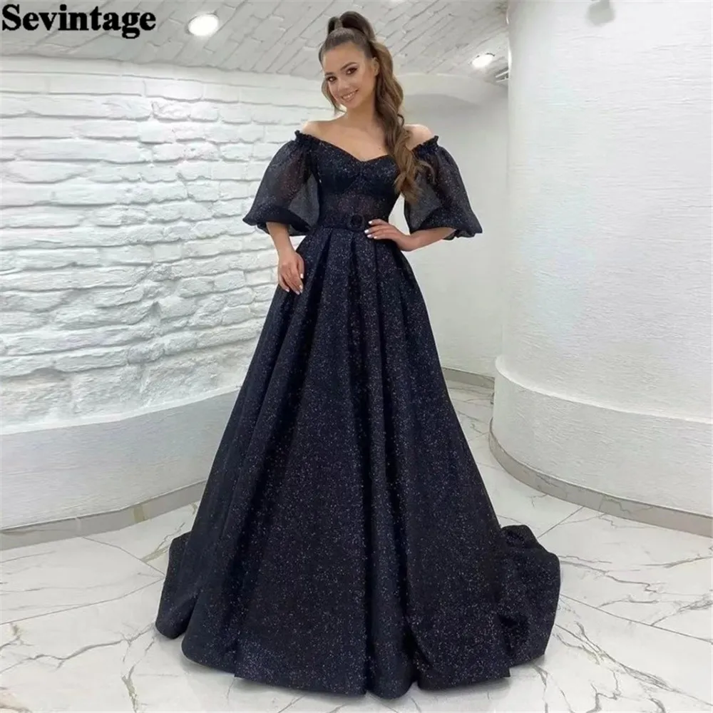 Sevintage Black Glitter Sequin Evening Dresses V-Neck Puff Sleeves Prom Dresses for women A-Line Pleat Ruched فساتين السهرة 2023
Sevintage Black Glitter Sequin Evening Dresses V-Neck Puff Sleeves Prom Dresses for women A-Line Pleat Ruched فساتين السهرة 2023