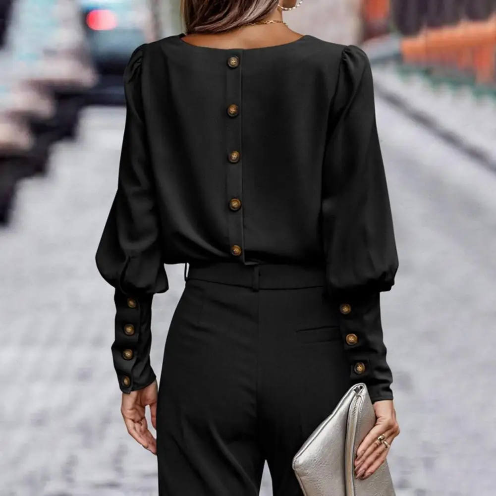 

Versatile Polyester Blouse Trendy Lantern Sleeve Women's Blouse Button Closure Lady Top for Spring Autumn Chic O Neck for Women