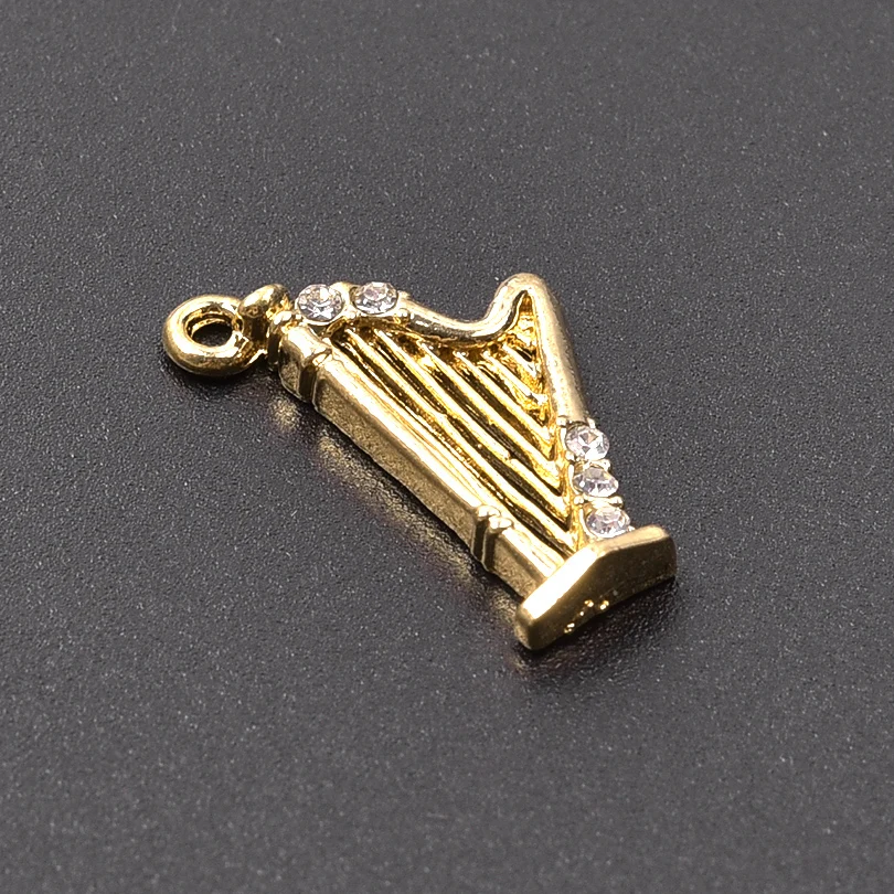 

4pcs/Lot Gold Color Rhinestones Harp Musical Instrument Openwork Pendant Alloy Charms For Jewelry Handmade Making Accessories