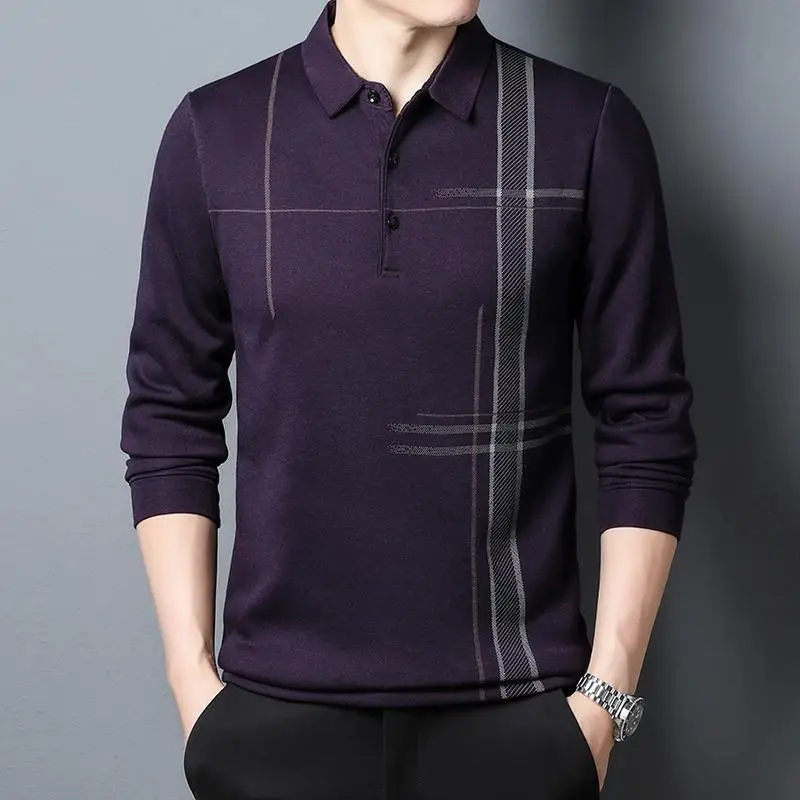 

Men's 2024 Spring and Autumn Pullover Turndown Collar Button Print Fashion Splicing Slim Fit Versatile Long Sleeved T-shirt Tops