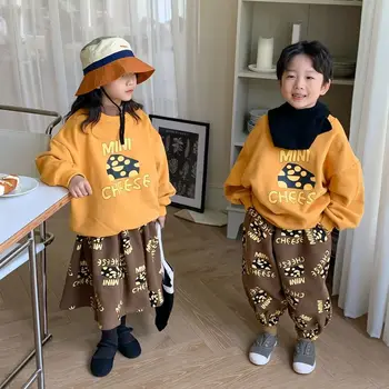 한국 용수철 가을 어린이 형제 자매 의류 세트, 인쇄 치즈 셔츠, 남아 세트 느슨한 스트레치 바지, 여아 치마 의상