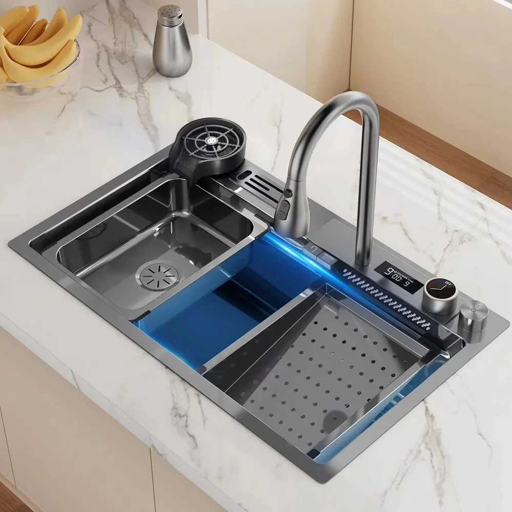 Black Nano Kitchen Sink Multi-Function Digital Display Waterfall Sink 304 Stainless Steel Large Single Slot With Knife Rest
Black Nano Kitchen Sink Multi-Function Digital Display Waterfall Sink 304 Stainless Steel Large Single Slot With Knife Rest