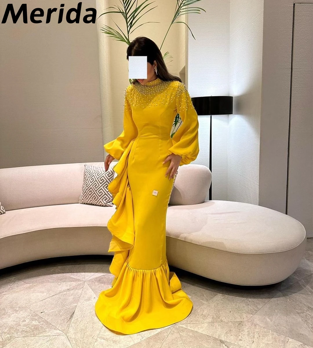 

Saudi Arabia Evening Dresses Women 2024 Modern Beads High Neck Mermaid Puff Sleeves Prom Dresses Party Gown فساتين مناسبة رسمية