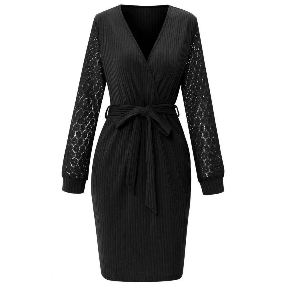 

Stretchy Beautiful Sexy Women Pure Color Bodycon Mini Dress Close-fitting Autumn Dress Lace Long Sleeve Female Clothing