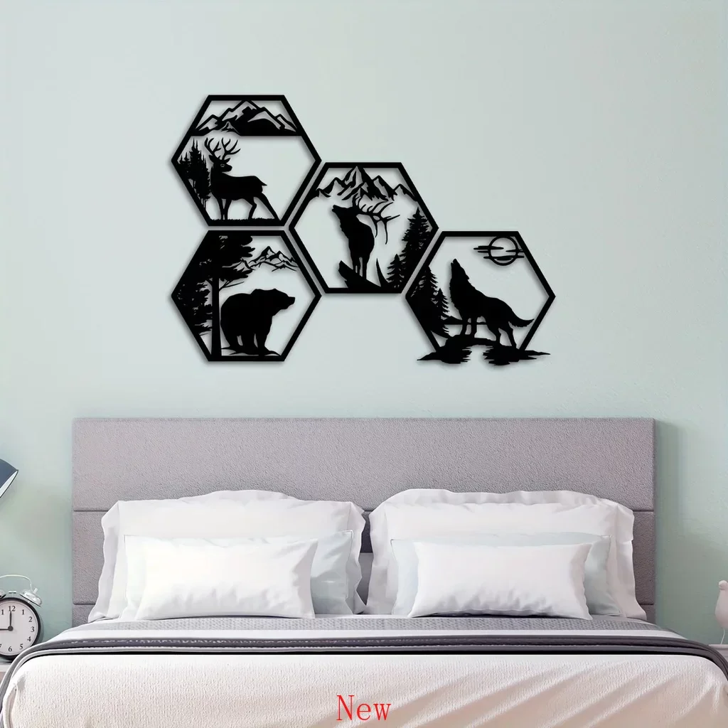 

4pcs Home Decorative Frames Elk Deer Wolf Bear Hexagonal Metal Wall Sculpture Leaked Black Rustic Metal Forest Decor Wilderness