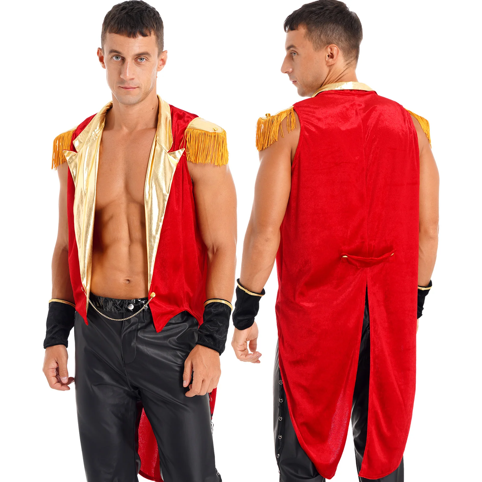 Mens Circus Showman Ringmaster Costume Halloween Party Cosplay Lion Tamer Tailcoat Sleeveless Swallow-tailed Jacket with Cuffs
Mens Circus Showman Ringmaster Costume Halloween Party Cosplay Lion Tamer Tailcoat Sleeveless Swallow-tailed Jacket with Cuffs