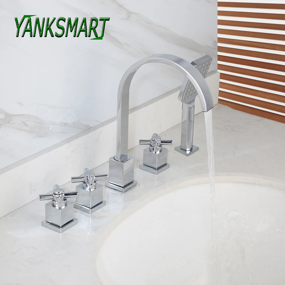 

YANKSMART Chrome Polished Waterfall Spout 5 Pcs Bathtub Faucet Para Bathroom Shower Faucet With HandShower Mixer Water Tap