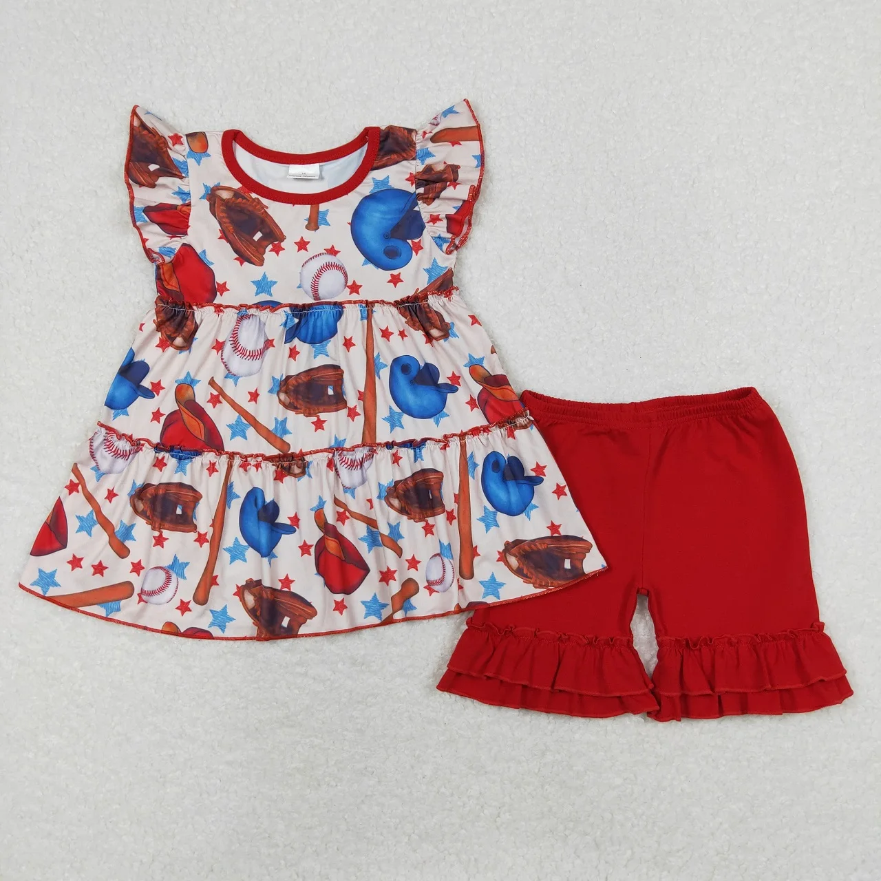 

Wholesale Boutique Baby Girl Set Toddler Ball Short Sleeves Baseball Stars Tunic Summer Kids Ruffle Red Shorts Children Outfit