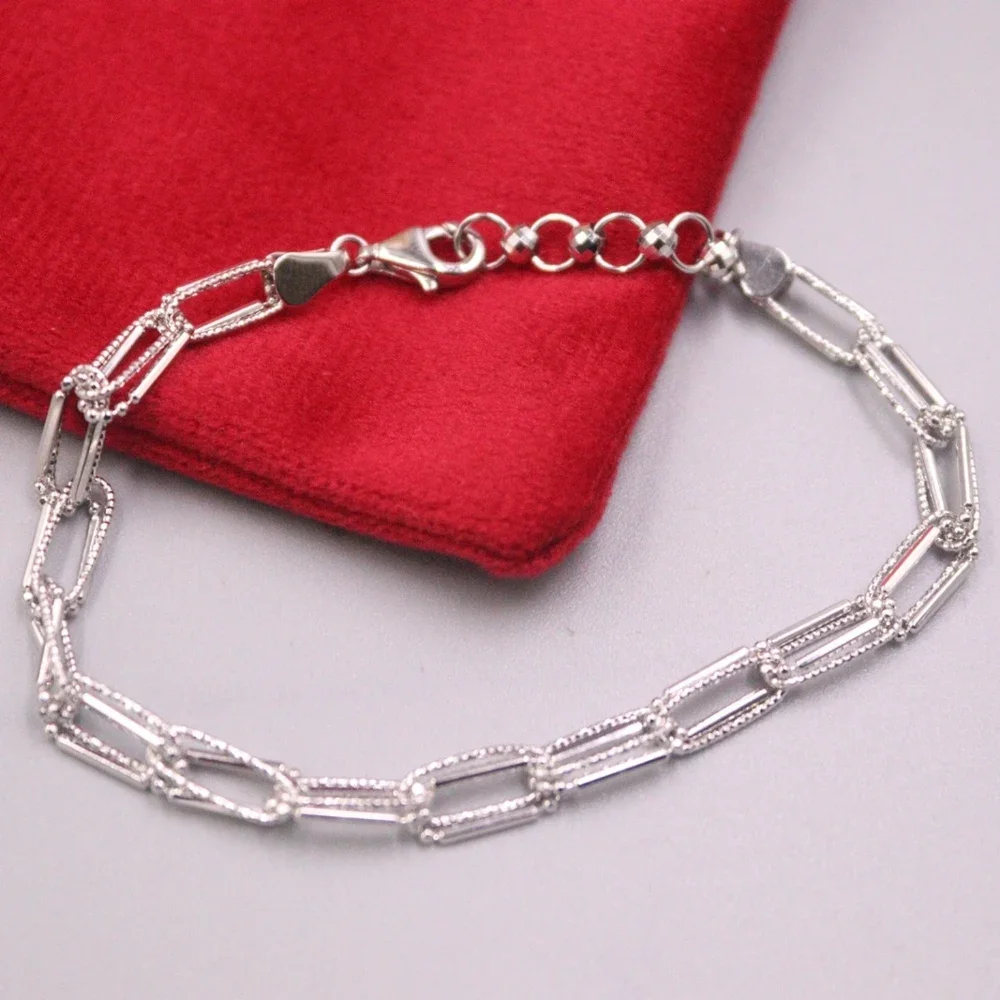 

Real Pure 18K White Gold Chain Women Lucky 4mm Double Square Cable Link Bracelet 4.8g