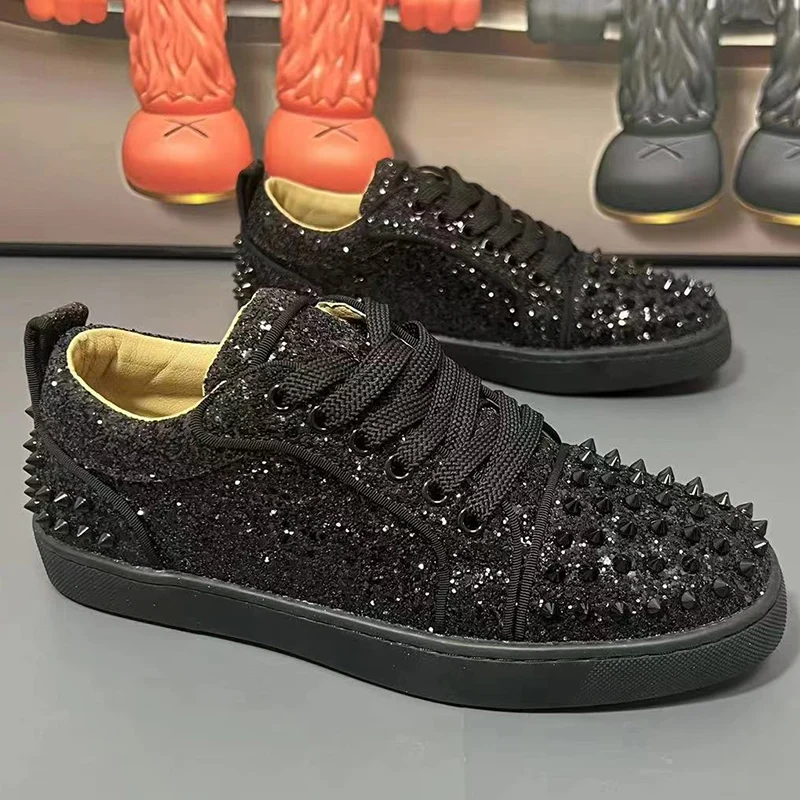 

italian brand designer men's stylish rivets shoes black lace-up flats spikes shoe punk hip hop studded sneakers young footwear