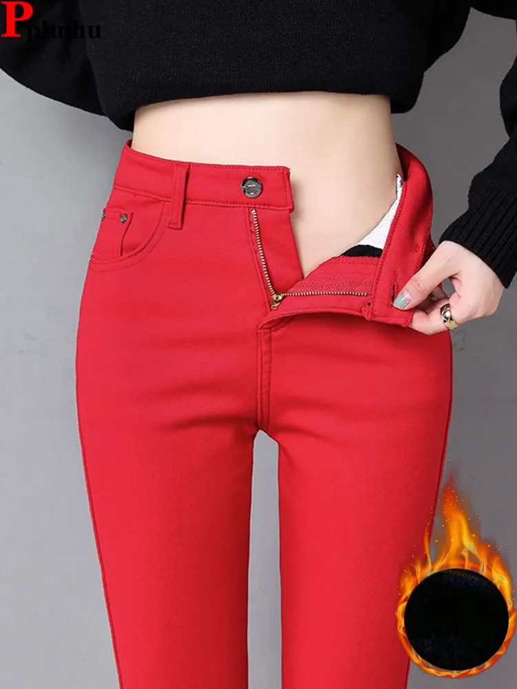 

12 Colors Winter Skinny Warm Plush Velvet Lined Jeans Slim Snow Wear Thicken Pencil Pant Thick Elastic High Waist New Vaquero