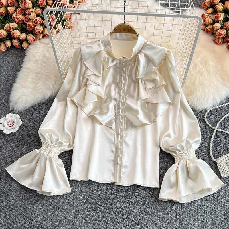 

French Style Loose Lady Tops Vintage Flare Long Sleeve Acetate Satin Shirt Temperament Standing Collar Ruffle White Blouse 29939