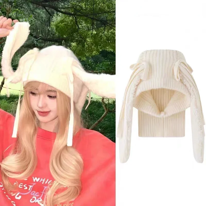 

New Korean Knitted Rabbit-eared Balaclava Hat for Women's Sweet and Cute Winter Pullover kpop Warm Masked Ski Beanie Hats