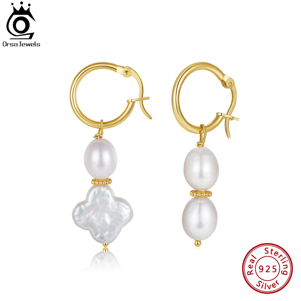 

ORSA JEWELS Handpicked Clover Shaped Pearl Earrings Genuine 925 Sterling Silver 14K Gold Ear Drop for Women Jewelry GPE83