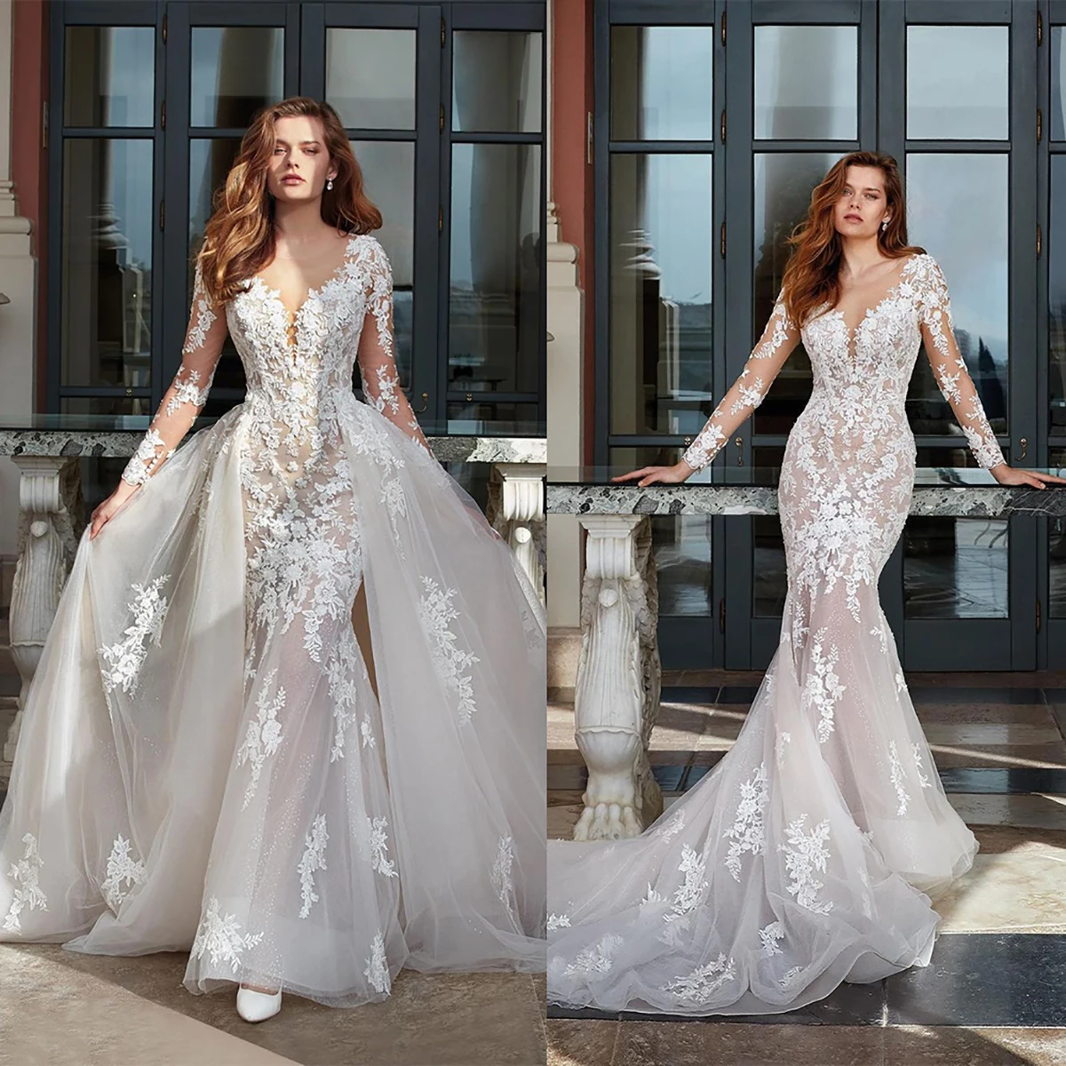 

Modest Mermaid Wedding Dress Lace Appliques Sheer Neck Jewel Bridal Gowns Custom Made with Overskrits Vestido de novia