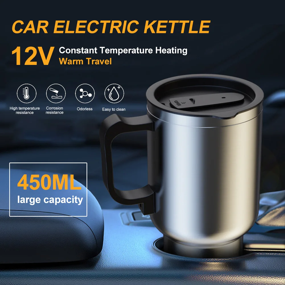 

12V Car Heating Cup 450ML 65℃ Electric Heating Cups For Car Stainless Steel Water Warmer Bottle Car Coffee Milk Heating Cup