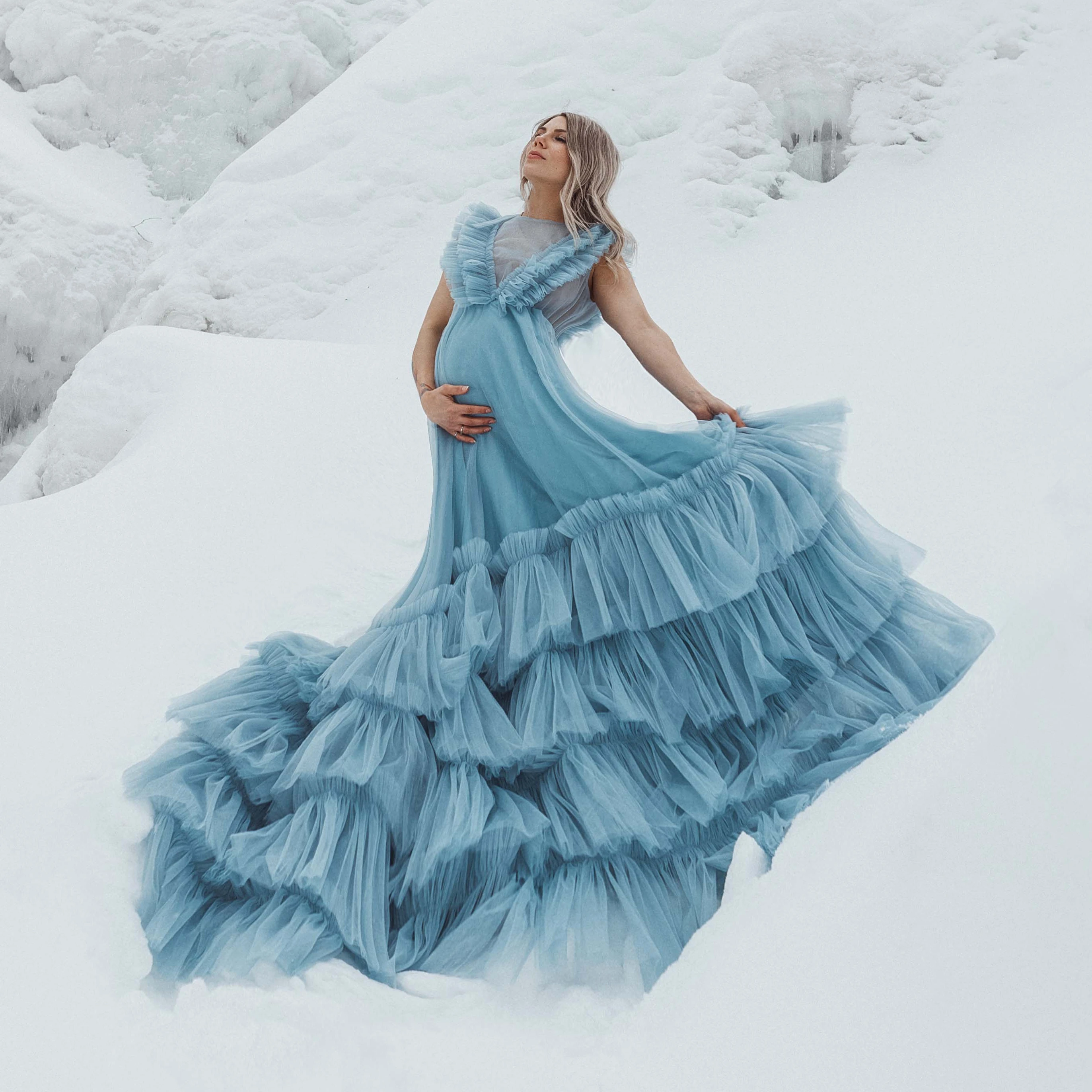 

Blue Tulle Ruffled Maternity Loose Dress for Photoshoot Winter Plus Size Pregnancy Robe Baby Shower Gown for Wedding Guest