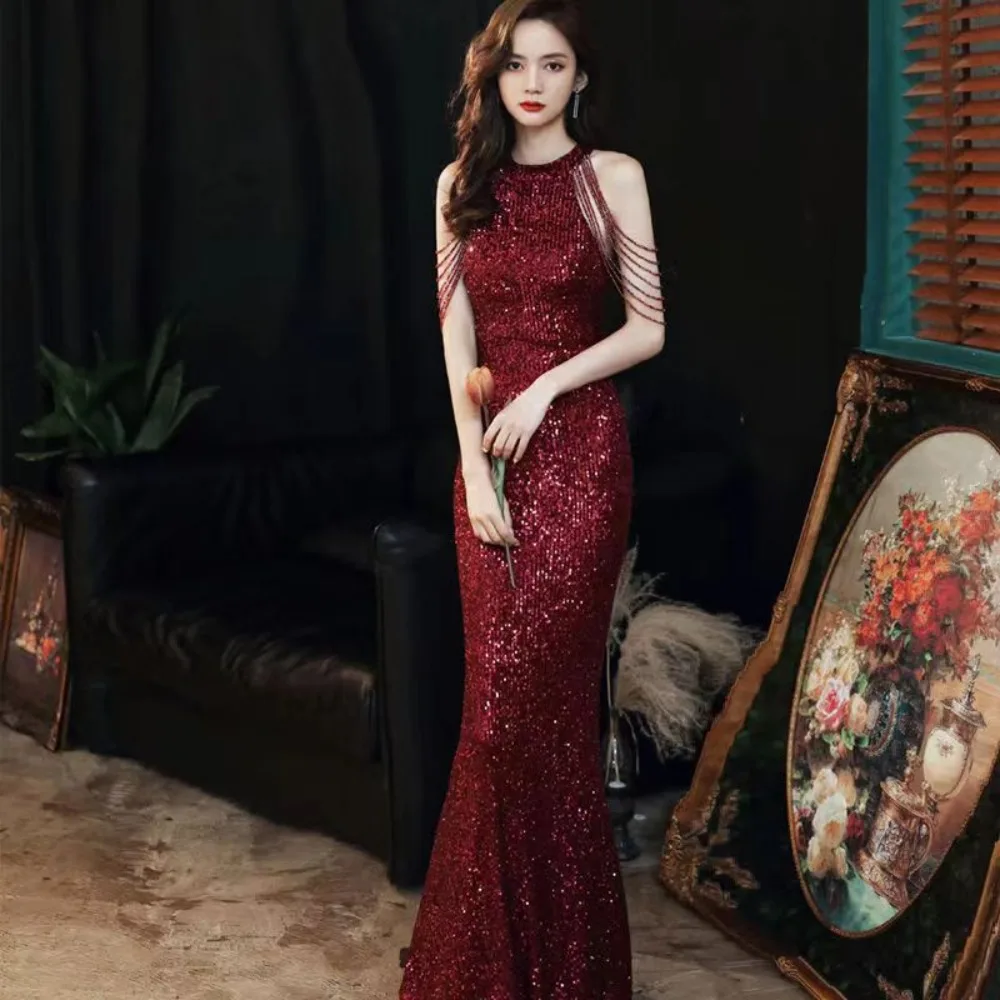 

Elegant Luxury Long Women Dresses Elegant Party Gown Black Sequined Pearl Tassel Shoulder Celebrity Red Carpet Dresses