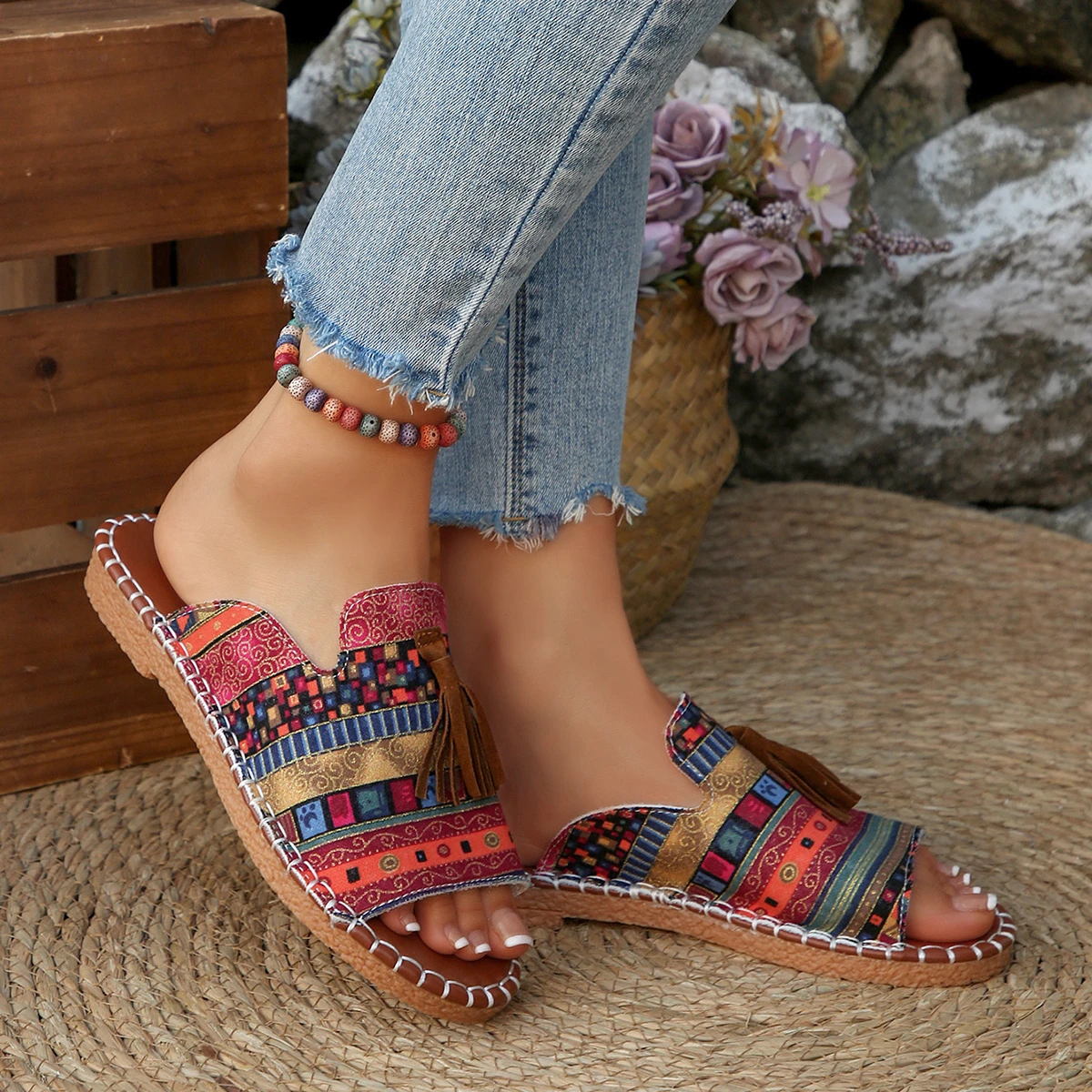 Comfortable Open Toe Slides for Women, Tribal Pattern with Tassel, Boho Casual Footwear 18 S90e2c10376c547219c0d2c414f1e5b1em