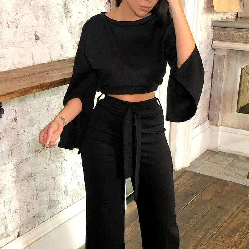 

2023 Fashion Women's Autumn and Winter Solid Color Casual Split Cuffs Stitching Knit Sweater Vertical Wide-leg Pants Suit
