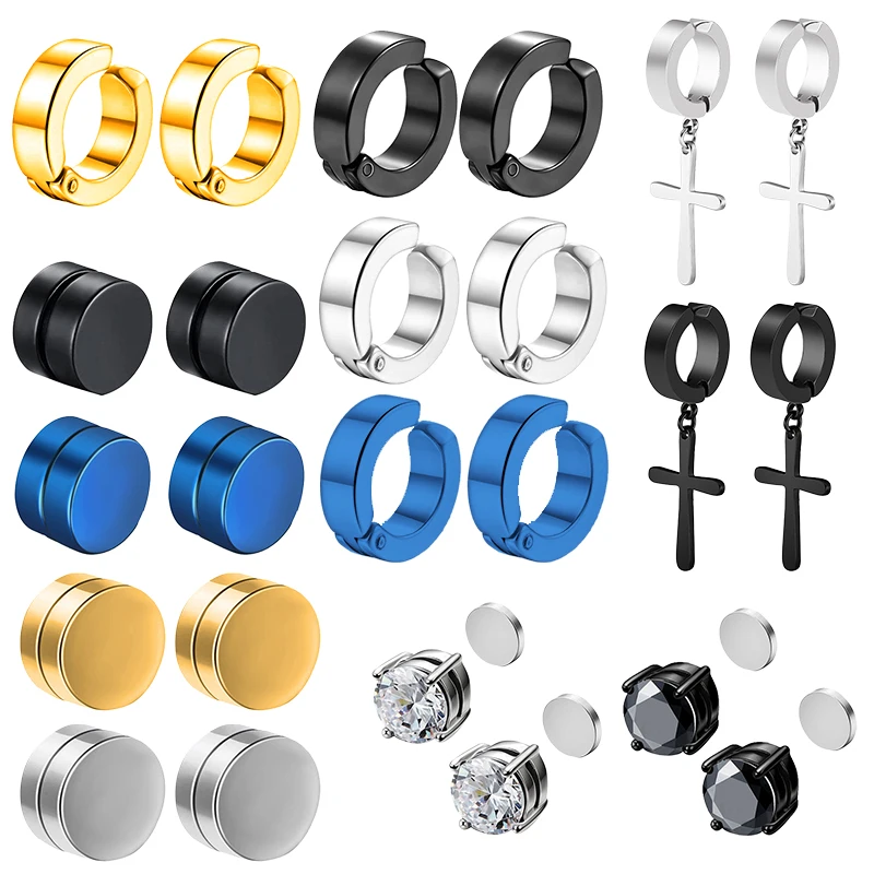 

12 Pairs Magnetic Stud Earrings Stainless Steel Non Piercing Cross Dangle Hoop Earrings Unisex Clip on CZ Magnet Earring Set