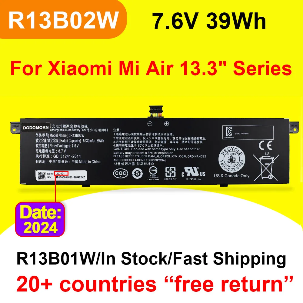 

R13B01W R13B02W Battery For Xiaomi Mi Air 13.3 inch Series Tablet PC Laptop Batteries 7.6V 39Wh 5230mAh Fast Shipping In Stock