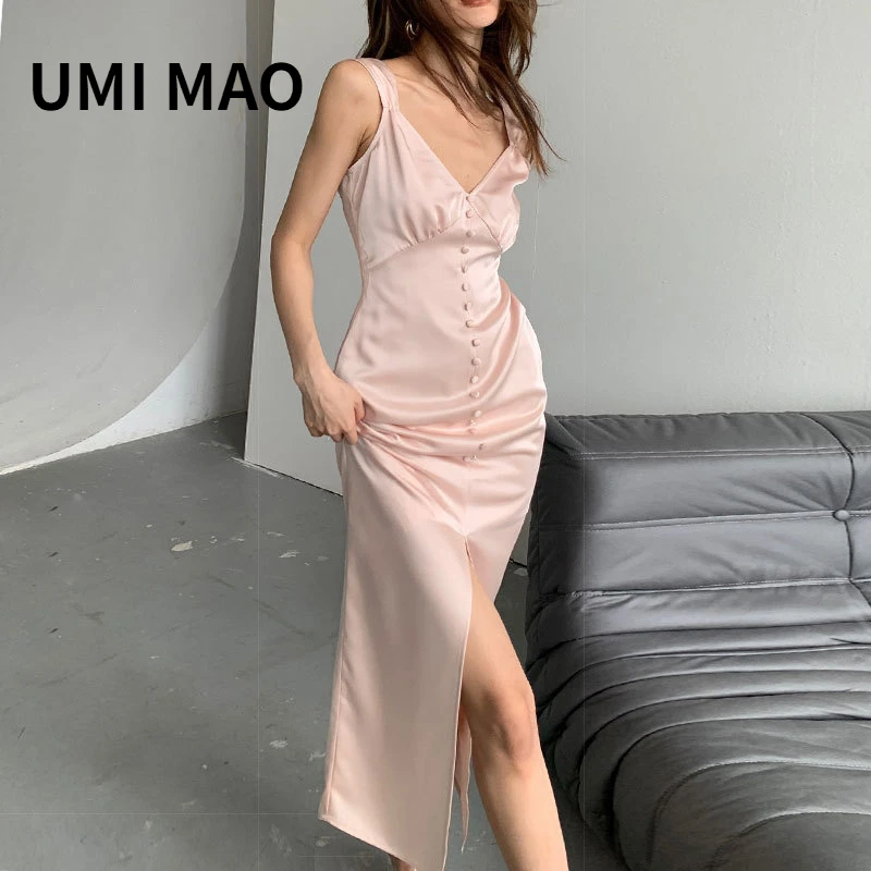 UMI MAO Korean Fashion Ins Style Original Design Dyed Cream Pink Large V-neck With Buttock Split Sling Dress Elegant Femme 
UMI MAO Korean Fashion Ins Style Original Design Dyed Cream Pink Large V-neck With Buttock Split Sling Dress Elegant Femme