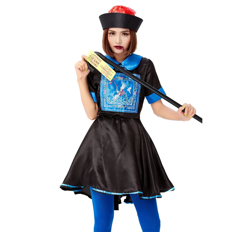 

Girls Halloween Costume Cosplay Ghost Adult Ancient China Qing Dynasty Outfits Female Zombie Corpse Dress Hat Set with Stockings