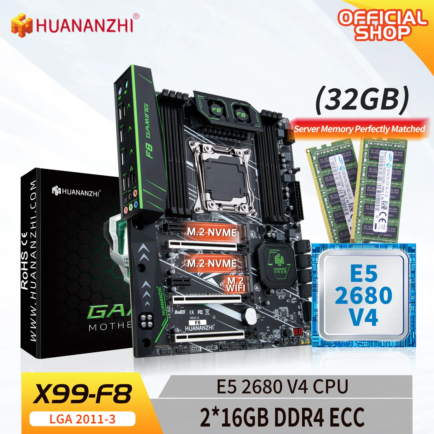 HUANANZHI X99 F8 LGA 2011-3 XEON X99 Motherboard with Intel E5 2680 v4 with 2*16G DDR4 ECC memory combo kit set NVME SATA
HUANANZHI X99 F8 LGA 2011-3 XEON X99 Motherboard with Intel E5 2680 v4 with 2*16G DDR4 ECC memory combo kit set NVME SATA