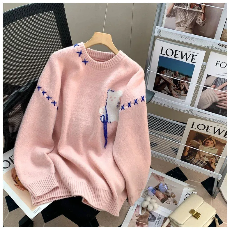 

Hsa College style soft glutinous round neck pullover sweater for women autumn and winter Cartoon Bear loose Korean Jumper