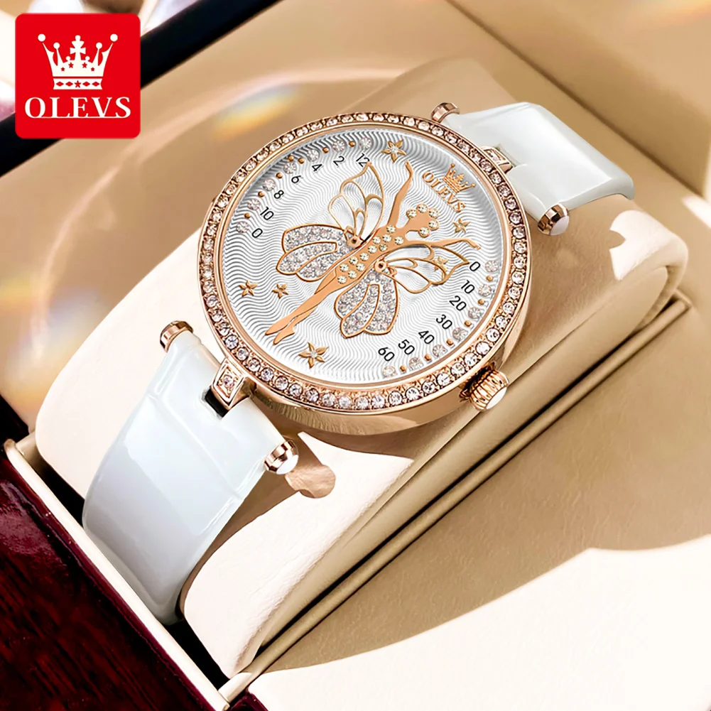 

OLEVS New Diamond Dial Angel Wings Design Imported Movement Quartz Watch for Women Luxury Leather Watches Relogio Feminino
