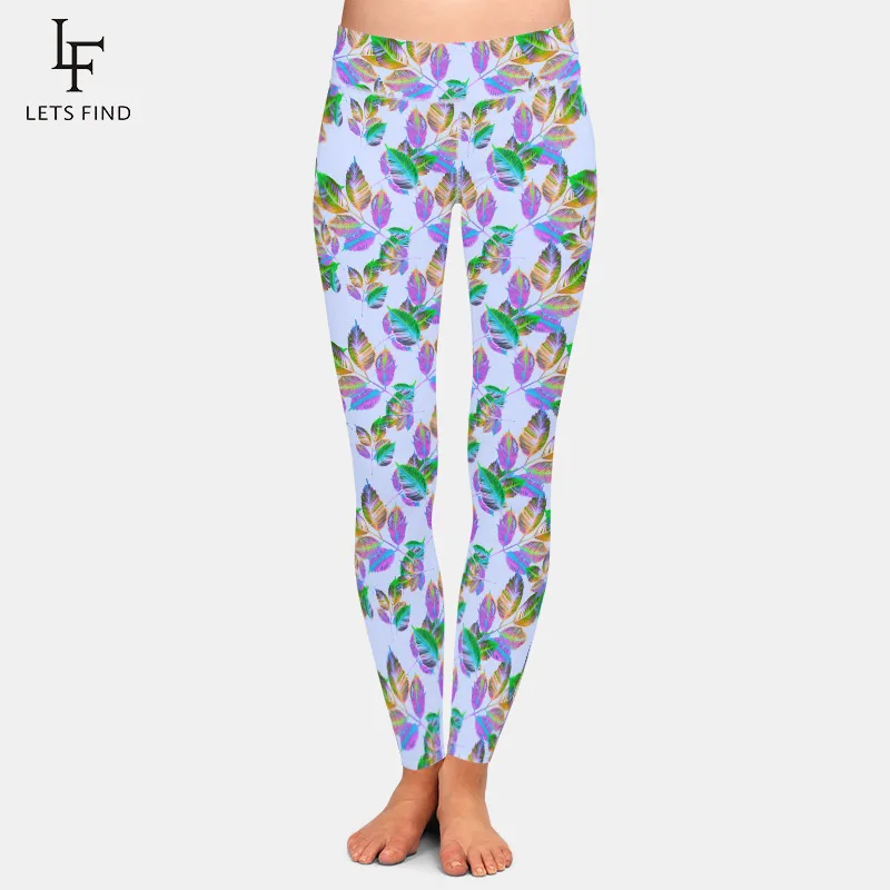 

LETSFIND Super Soft Milk Silk Print Tropical Colorful Palm Leaves Fitness Legging New High Waist Slim Women Full Pants