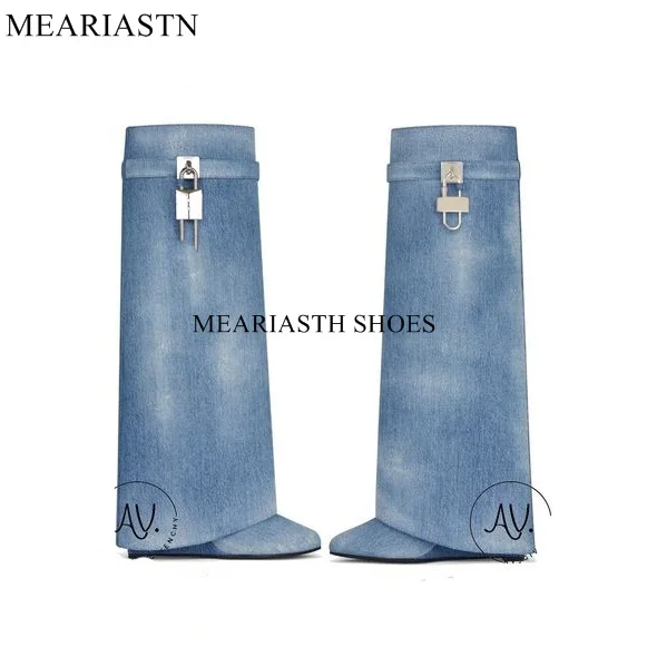 

Denim Washed Cloth Trouser Legs Boots Women's Autumn Winter Plush High Heel Thick Sole Printed Knee Long Pants Boots Size 35-43