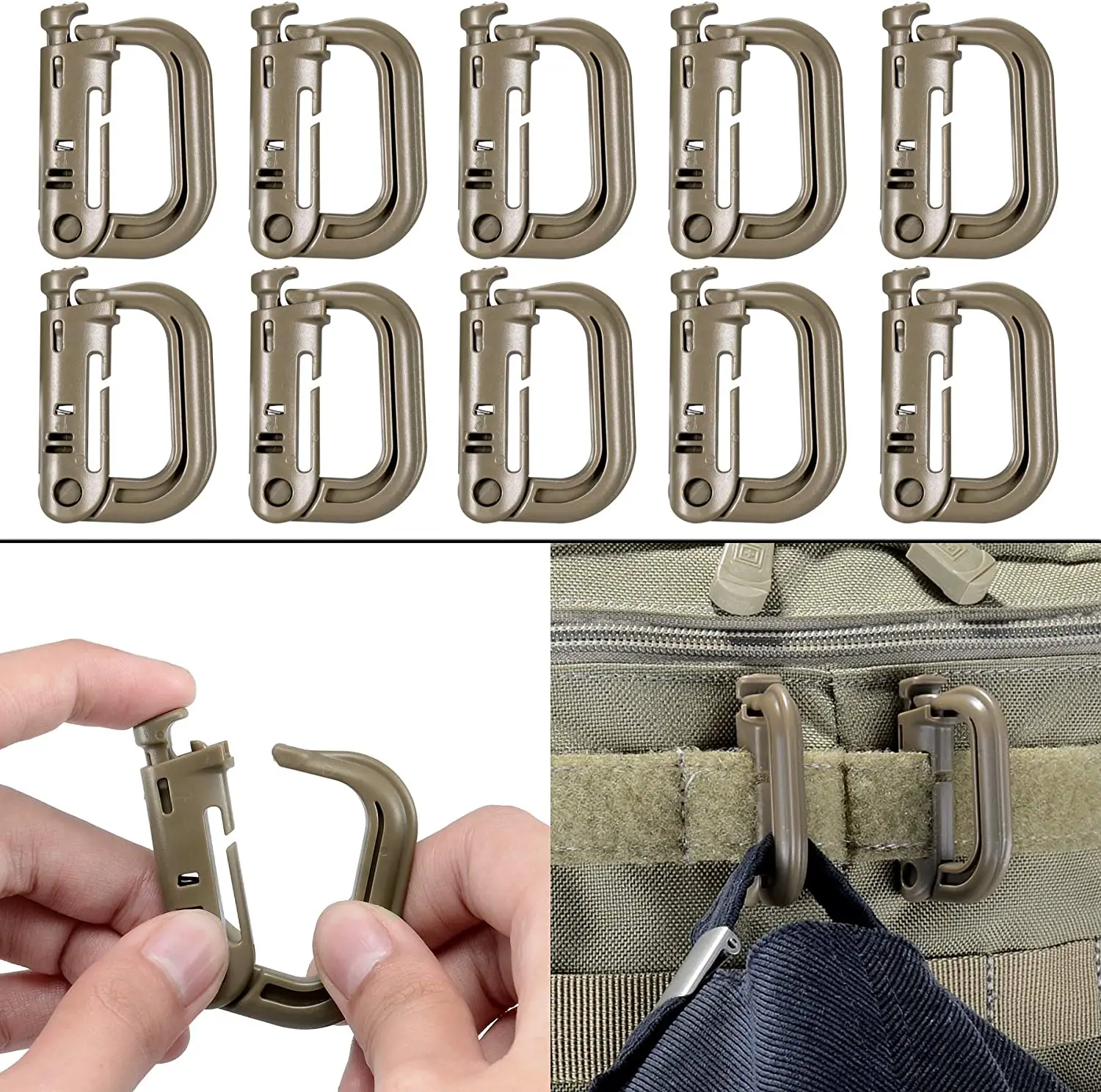 

12pcs Multipurpose Grimlock D-Ring Locking Molle Clips Hanging Hook for Webbing Strap Molle Bag Tactical Backpack Military Vest